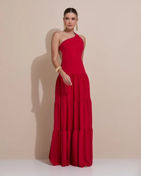 Vestido de Festa Longo Um ombro Só Crepe Chiffon Saia Fluida Vermelho