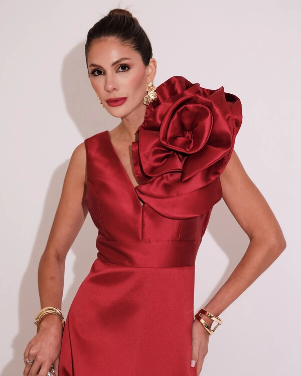 Vestido de Festa longo Zibeline Flor Marsala