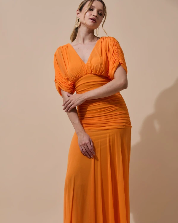 Vestido de Festa Longo Tule Manga Curta Drapeado Laranja New