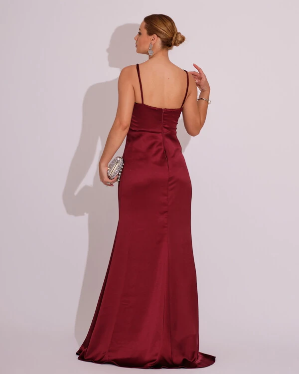 Vestido de Festa Longo Cetim Alfaiataria Fenda Drapeada Marsala