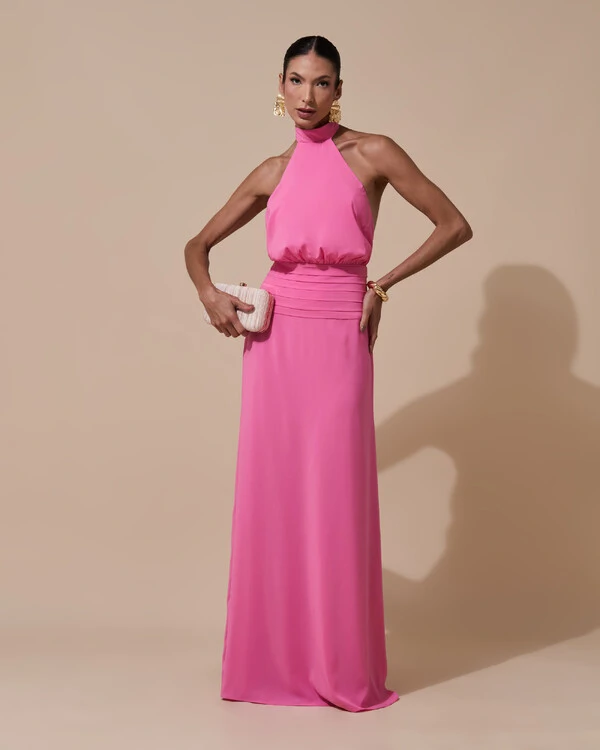 Vestido de Festa Longo Frente Única Busto Blousê Crepe Chiffon Drapeado Rosa