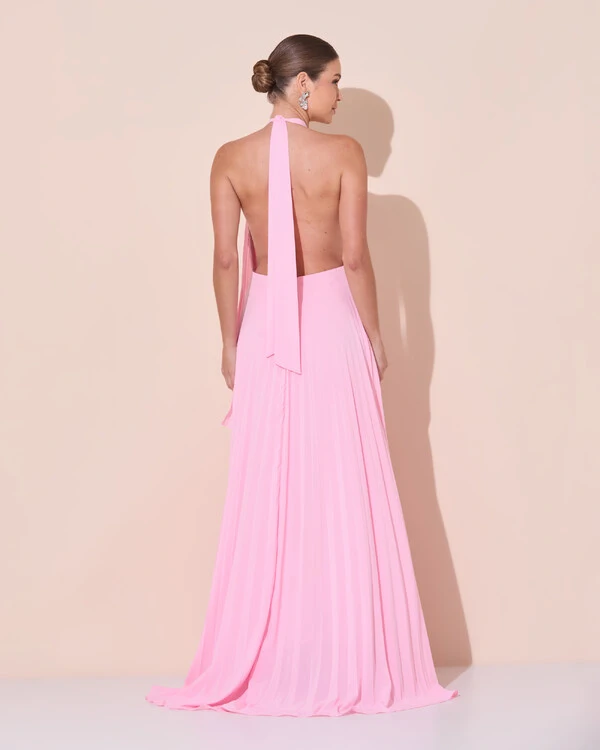 Vestidos de Festa Longo Chiffon Fluido Frente Única Plissado Duplo Rosa Claro