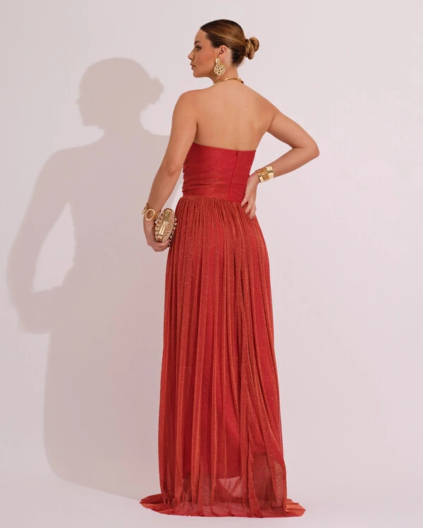 Vestido de Festa Longo Tule Brilho Tomara que Caia Recortes Terracota