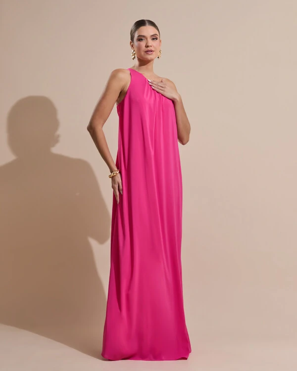 Vestido de Festa Longo Crepe Fluido um Ombro Só com Lenço Pink New