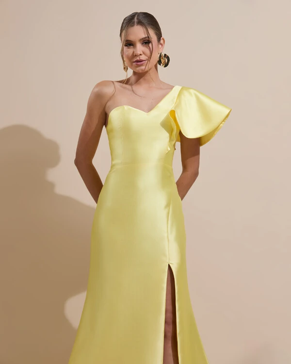 Vestido de Festa Longo um Ombro Tomara que Caia Zibeline Amarelo Manteiga
