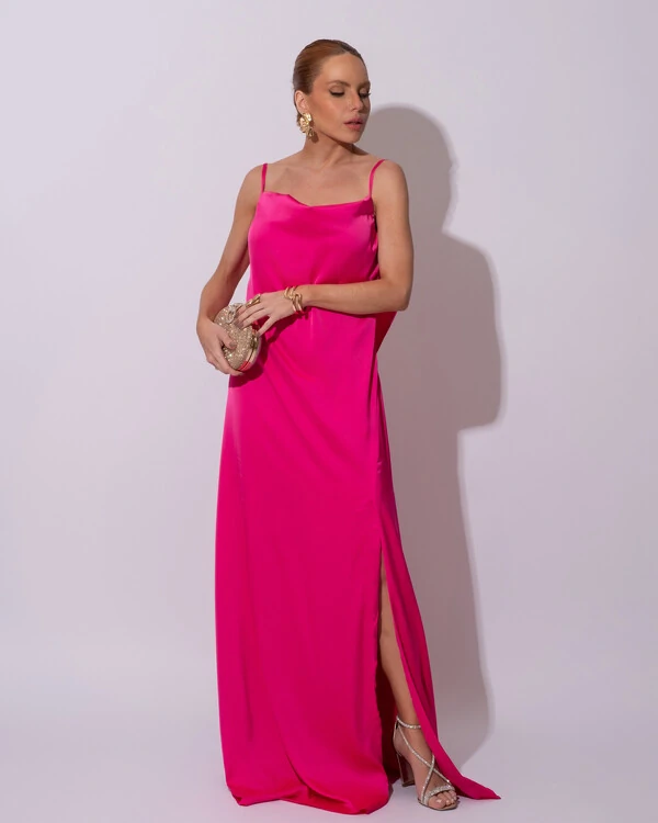 Vestido de Festa Longo Babado Costas Cetim Fluido e Fenda Pink
