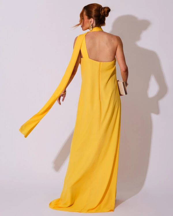 Vestido de Festa Longo Crepe Chiffon Um Ombro Só Drapeado Amarelo