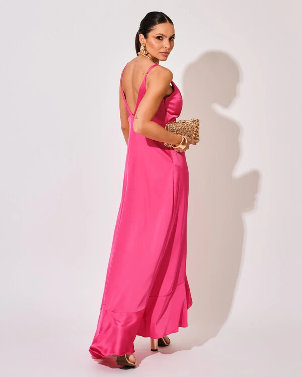 Vestido Midi Babado Acetinado Pink