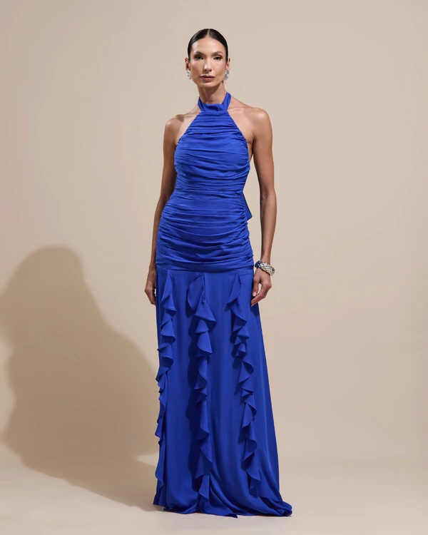 Vestido de Festa Longo Frente Única Crepe Chiffon Drapeado Babados Cascata Azul Royal