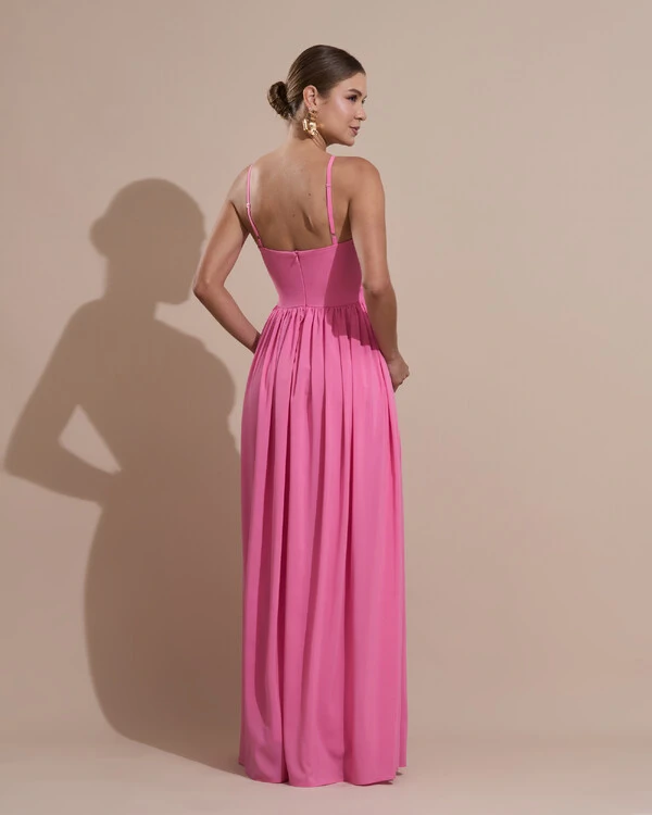 Vestido de Festa Longo Crepe Chiffon Drapeado com Alças Finas Rosa