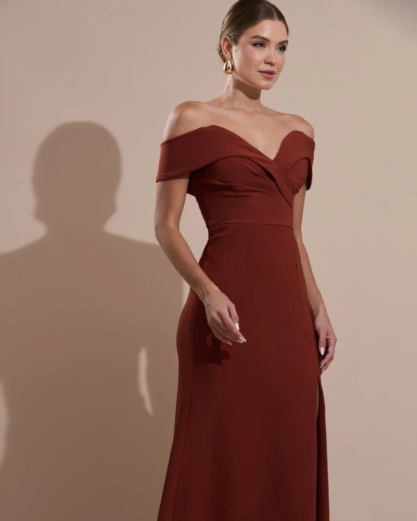 Vestido de Festa Longo Alfaiataria Ombro a Ombro com Fenda Terracota