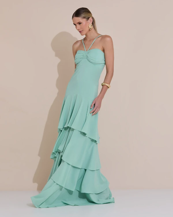 Vestido Longo Crepe com Babado em Camadas Verde Menta