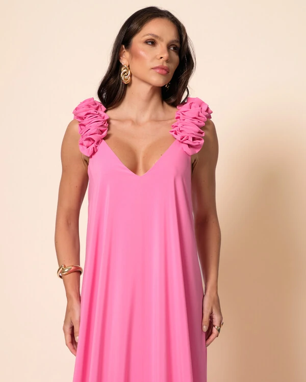 Vestido de Festa Longo Crepe Chiffon Fluido Decote em V Flores Rosa