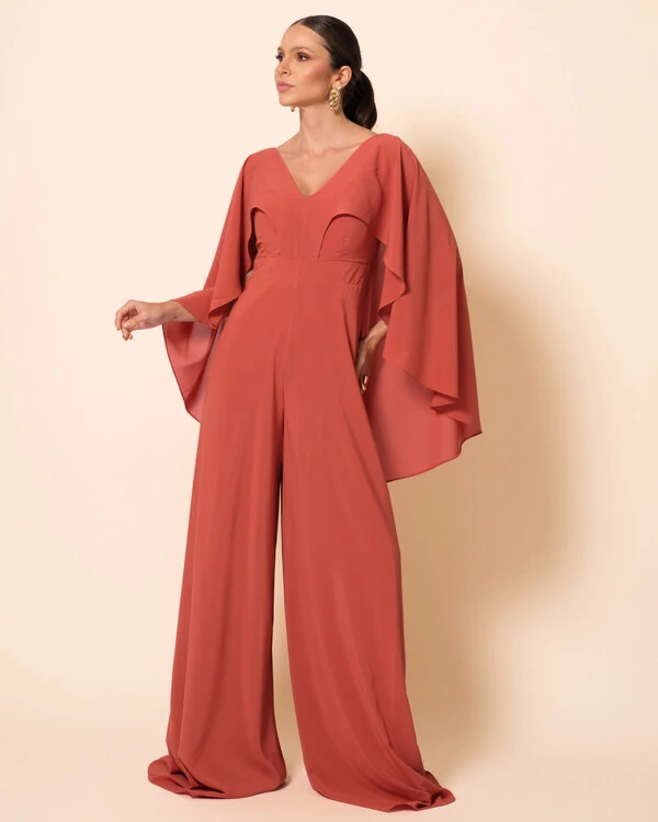 Macacão de Festa Longo Crepe Chiffon com Capa Terracota