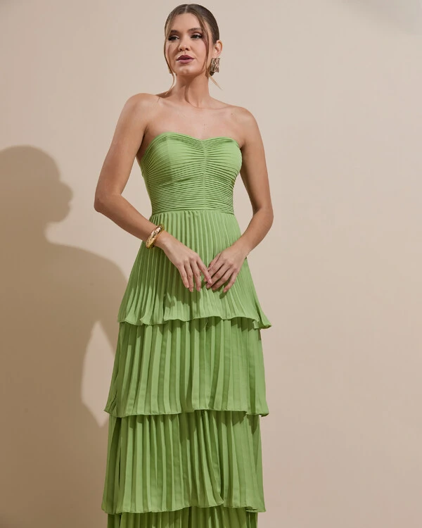 Vestido de Festa Longo Tomara que Caia Crepe Chiffon Plissado Camadas Verde Garden