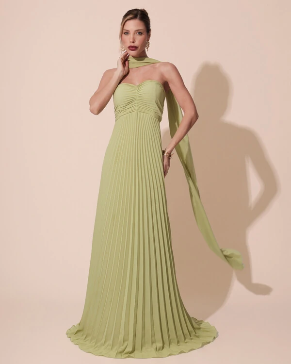 Vestido de Festa Longo Tomara que Caia Plissado com Lenço Verde Garden