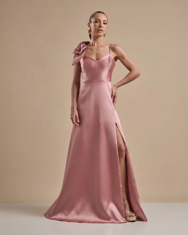 Vestido de Festa Longo em Zibeline com Laço Removível Rose