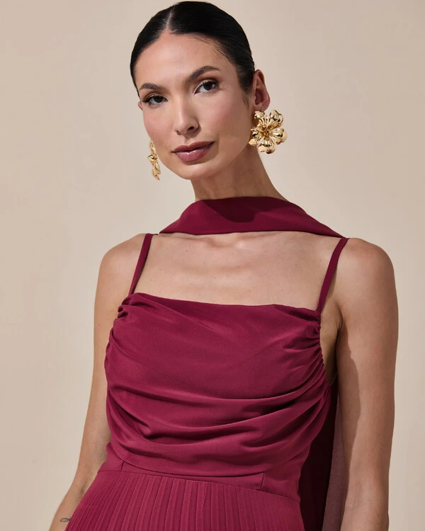 Vestido de Festa Longo Crepe Chiffon Plissado Trançado e Lenço Marsala New