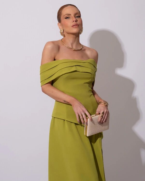 Vestido de Festa Longo Alfaiataria Ombro a Ombro Drapeado com Fenda Verde Pistache