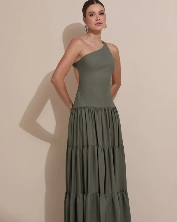 Vestido de Festa Longo Um ombro Só Crepe Chiffon Saia Fluida Verde Oliva