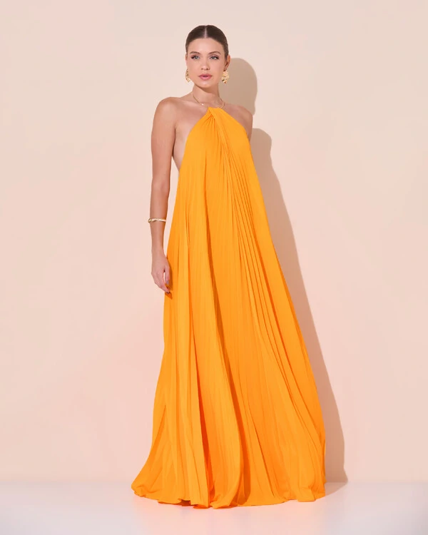 Vestido de Festa Longo Frente Única Plissado Crepe Chiffon Laranja Manga New