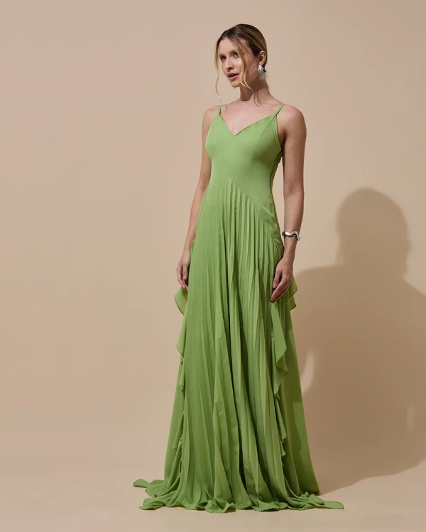 Vestido de Festa Longo Crepe Chiffon Alça Fina Saia Plissada com Babado Cascata Verde Garden