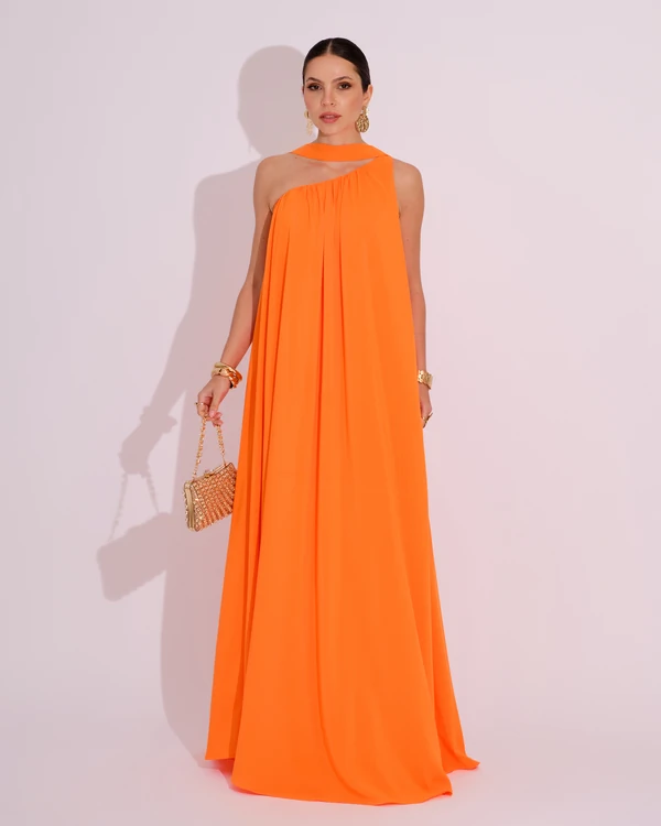 Vestido de Festa Longo Crepe Fluido um Ombro Só com Lenço Laranja
