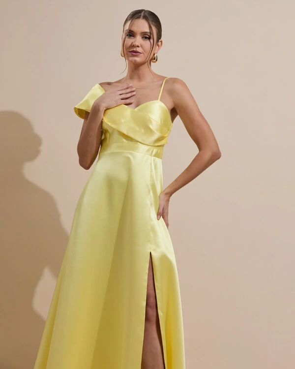 Vestido de Festa longo Faixa Ombro e Fenda Zibeline Amarelo Manteiga