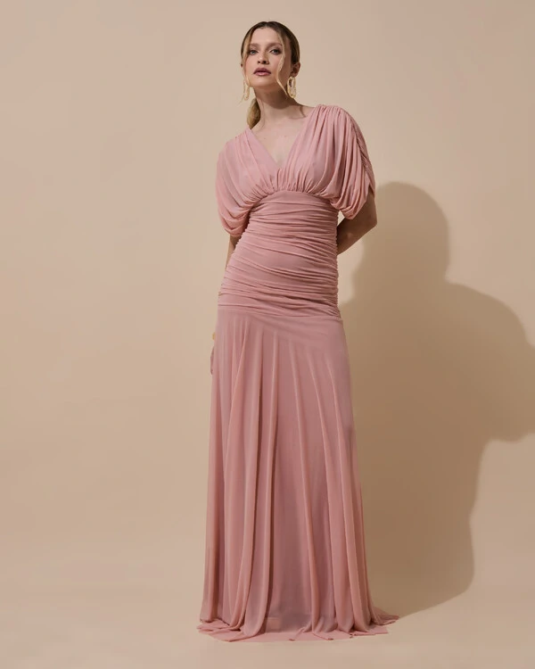 Vestido de Festa Longo Tule Manga Curta Drapeado Rose