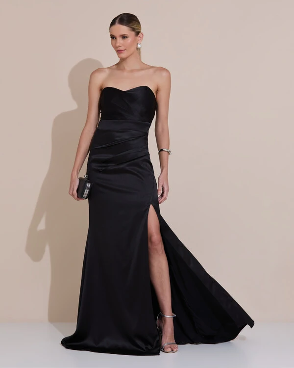 Vestido de Festa Longo Cetim Alfaiataria Tomara que Caia Fenda Preto