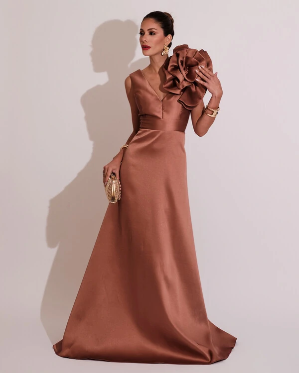 Vestido de Festa longo Zibeline Flor Mocha Mousse
