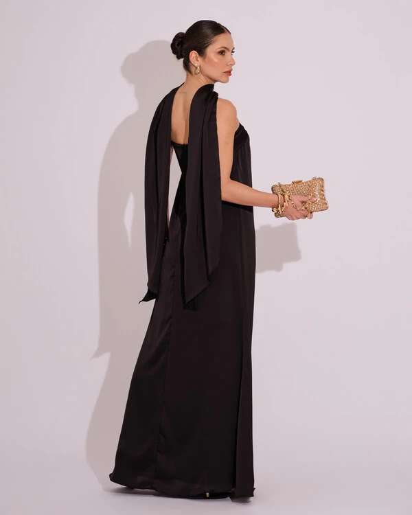 Vestido Longo de Festa Tomara que Caia Cetim com Lenço Preto