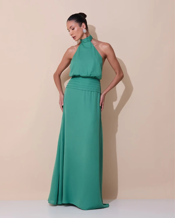 Vestido de Festa Longo Frente Única Busto Blousê Crepe Chiffon Drapeado Verde Matcha Escuro