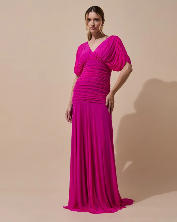 Vestido de Festa Longo Tule Manga Curta Drapeado Pink New
