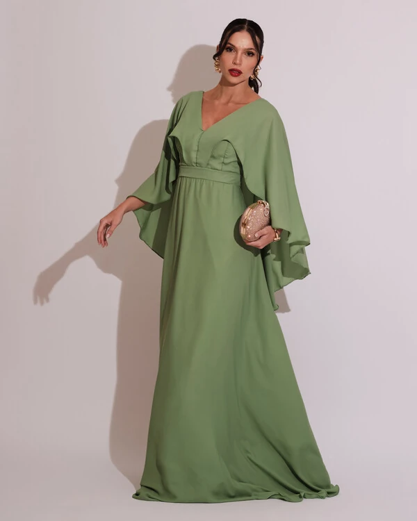Vestido de Festa Longo com Capa Crepe Verde Claro