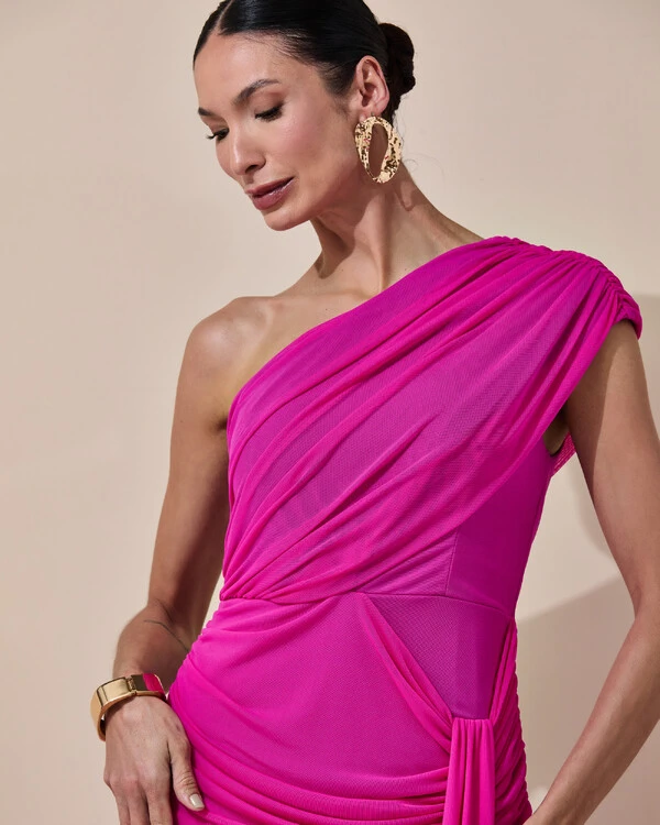 Vestido de Festa Longo Um Ombro Só Tule Drapeado Faixa Pink New
