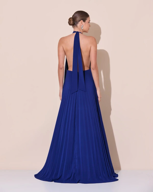 Vestidos de Festa Longo Chiffon Fluido Frente Única Plissado Duplo Azul Marinho