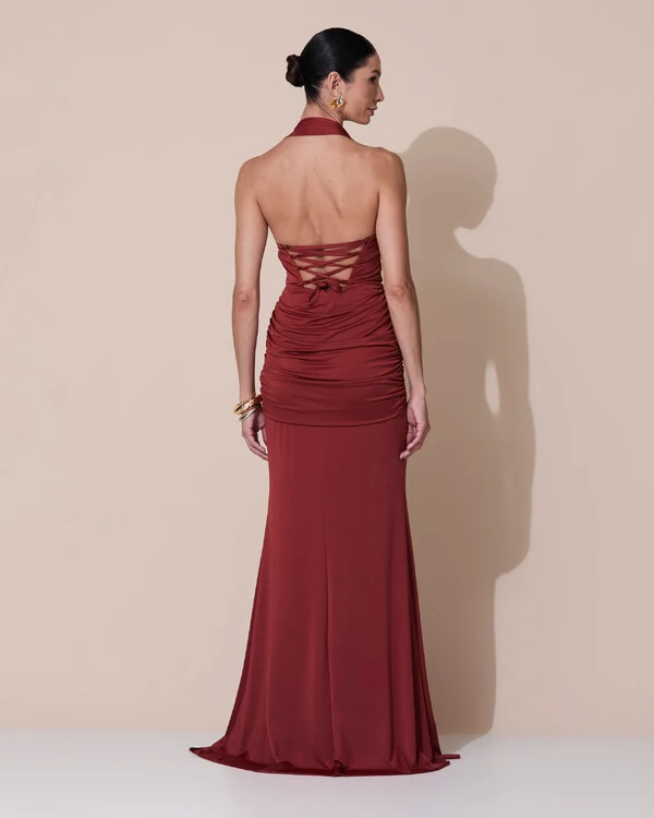 Vestido de Festa Longo Decote Coração Malha Jersey Drapeado Costas Trançada Terracota