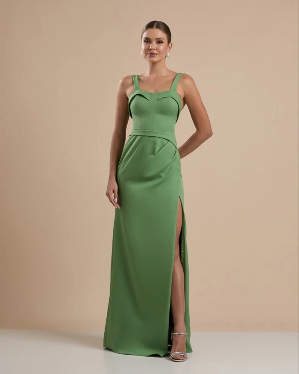 Vestido de Festa Longo Alfaiataria Decote Coração com Alças e Fenda Verde Matcha