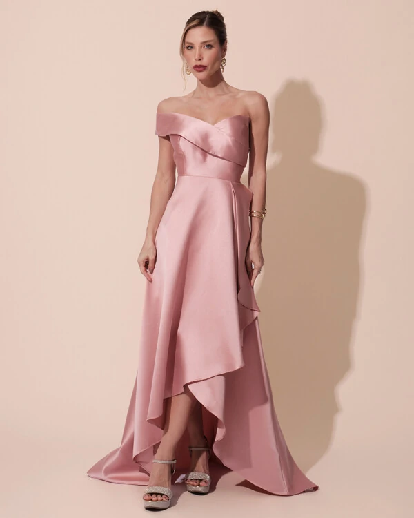 Vestido de Festa Longo Zibeline um Ombro Só Mullet Rose