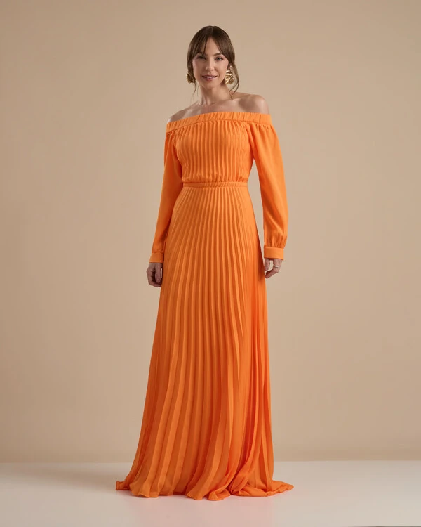 Vestido de Festa Longo Crepe Chiffon Plissado Ombro a Ombro Laranja