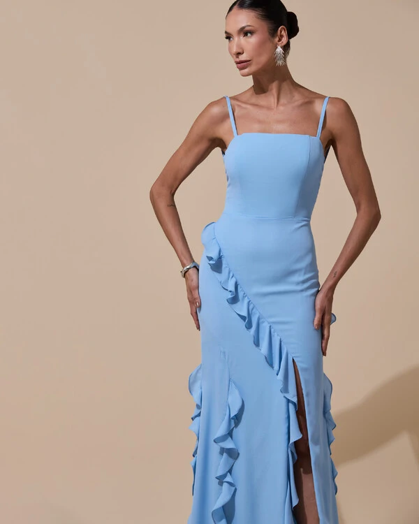 Vestido de Festa Longo Alças Finas Crepe Chiffon Babado Cascata Fenda Costas V Azul Serenity