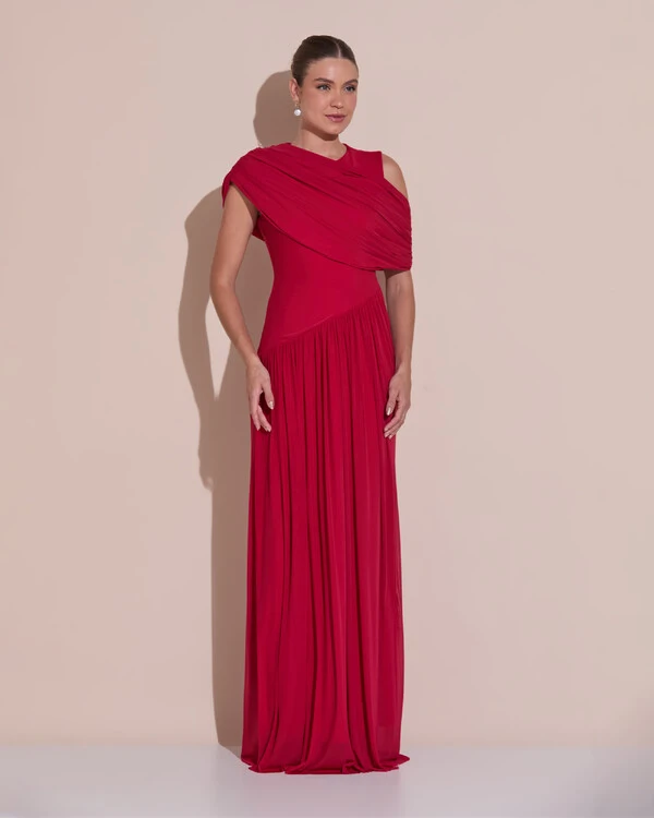 Vestido de Festa Longo Capa Drapeado Tule Saia Fluida Cereja
