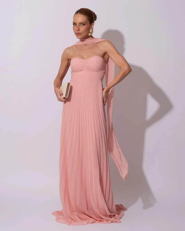 Vestido de Festa Longo Tomara que Caia Plissado com Lenço Rosa Claro