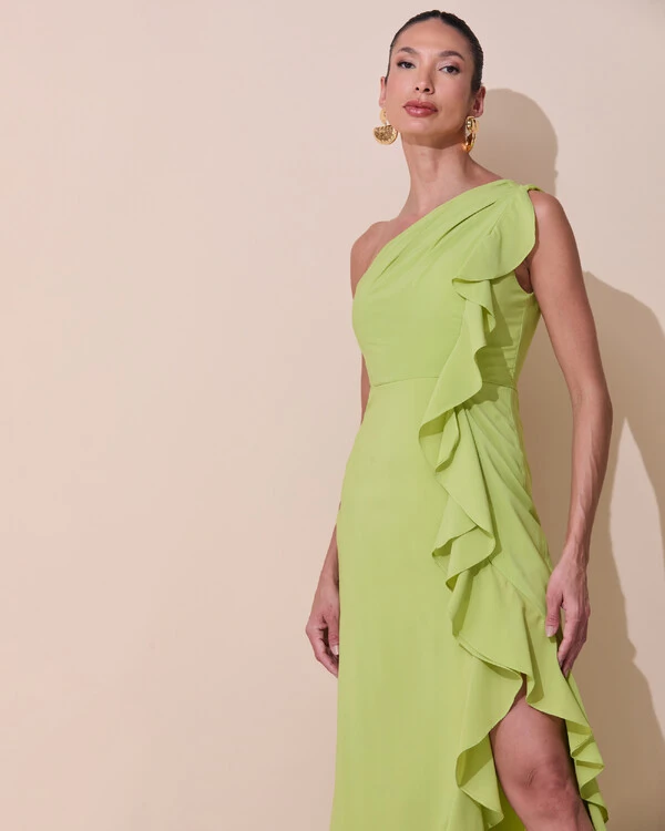 Vestido de Festa Midi Um Ombro Só Crepe Chiffon Babados Cascata Fenda Verde Garden