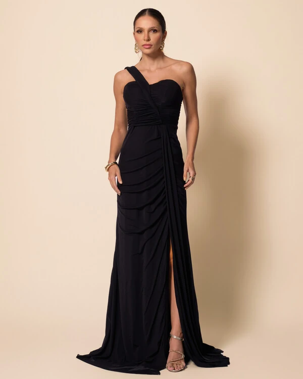 Vestido de Festa Longo Tule Tomara que Caia Faixa Detalhe Drapeado e Fenda Preto