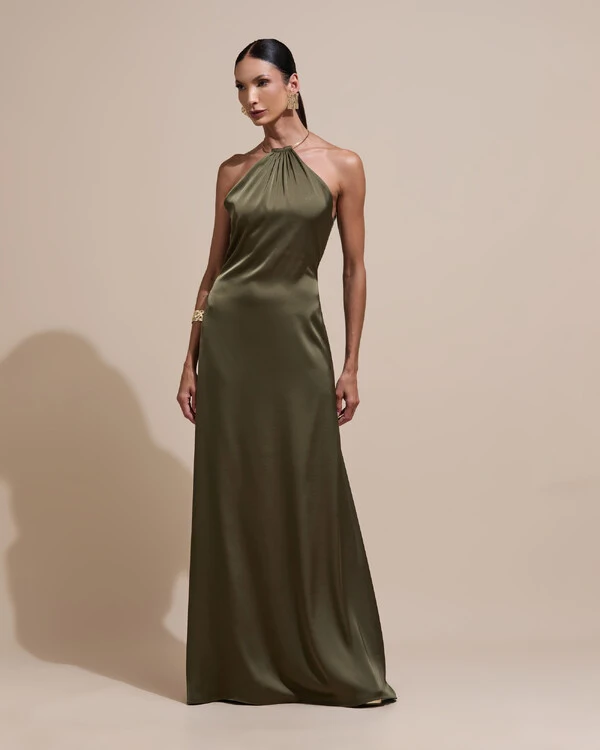 Vestido de Festa Longo Cetim Fluido com Argola Frente Única Verde Oliva