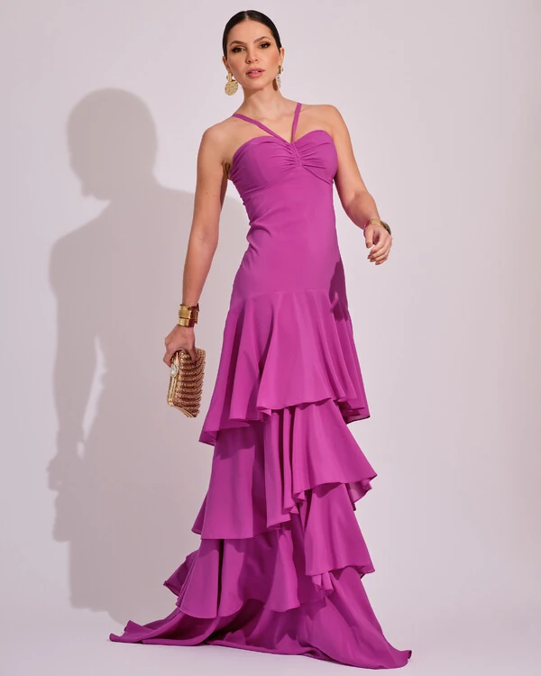 Vestido Longo Frente Única em Crepe com Babados e Camadas Fúcsia