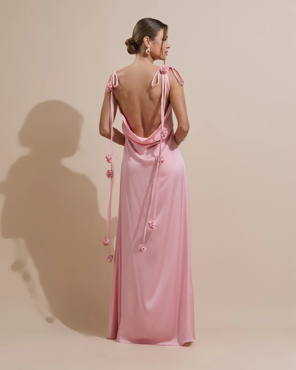 Vestido de Festa Longo Decote Degagê Costas Cetim Flores 3D Alças Rose Gold