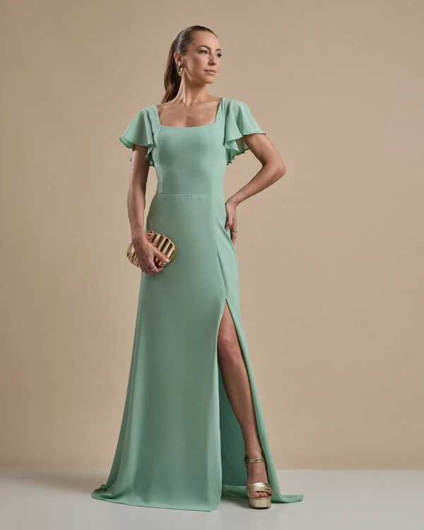 Vestido de Festa Longo Crepe Chiffon Manga Babado e Fenda Verde Menta
